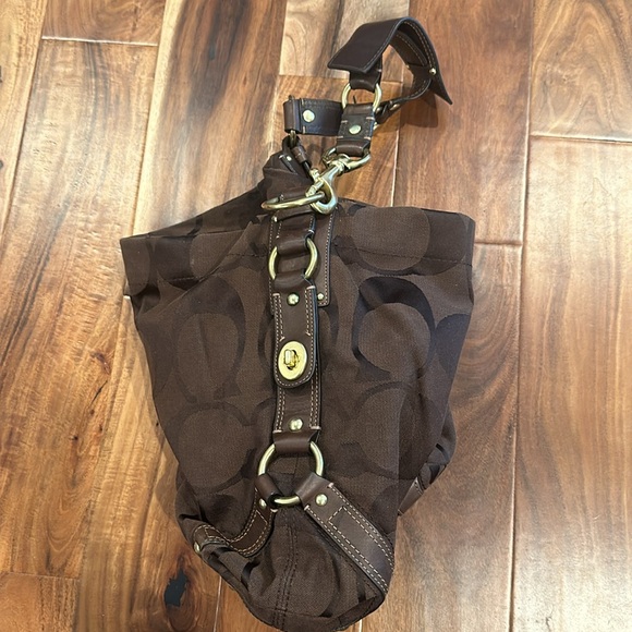 Coach Carly Brown Canvas Leather Trim Turnlock Zipper Closure Hobo Shoulder Bag - Picture 3 of 15